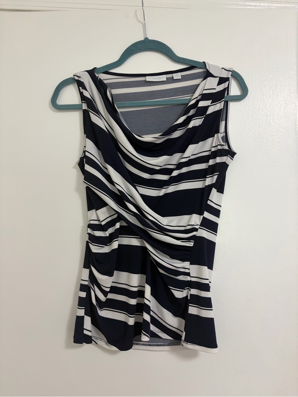 New York & Company Navy & White Striped Sleeveless Drape Neck Top